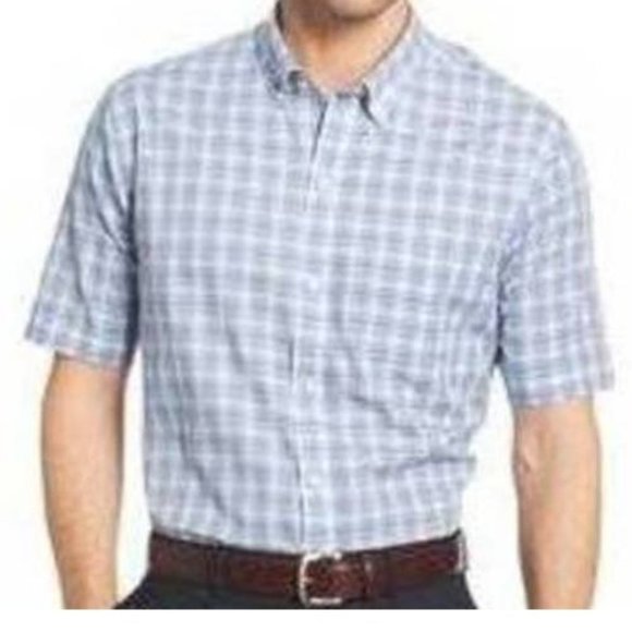 Mens Sport Shirt Van Heusen Small Blue Checked Short Sleeve Button Up 1 Pocket - Picture 1 of 4